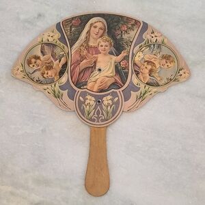 Vintage Trifold Fold Church Hand Fan with Madonna and Child Advertising Fan